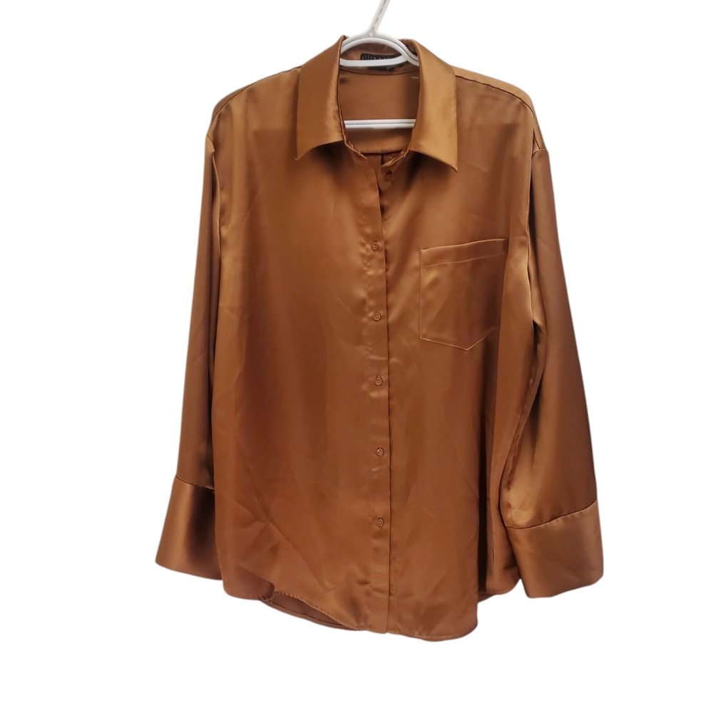 Alice + Olivia Copper Brown Satin Button-Down Shirt
